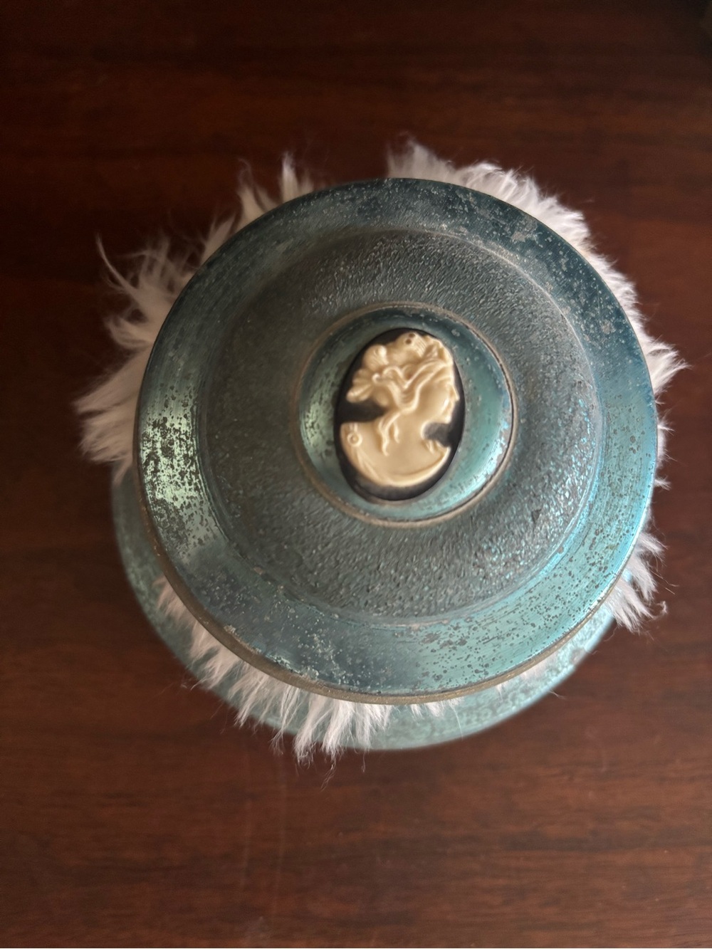 Vintage Teal Powder Puff Musical Box with Cameo Top